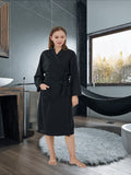 Elegant Solid Waffle Night Robe, Long Sleeve V Neck Quick-drying Bathrobe With Belt, Women's Sleepwear & Dresses