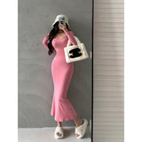 goosudu Ella Solid Color U-Neck Long Sleeve Slim Long Dress