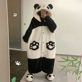 Contemporary Panda Design Wearable Blanket - Cozy Thickened Fleece Hooded Bathrobe Loungewear - Machine Washable, Knitted Polyester & Spandex Blend with Special Features - Animal Themed Oversized Sleeping Garment for Women