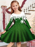 Girls' Festive Snowflake Christmas Dress - Knee-Length, Long Sleeve, Crew Neck with Embroidered Details - Perfect for Holiday Parties & Gifts, Ages 2-13