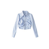 goosudu Michelle Solid Color Button Up Ruched Long Sleeve Office Shirt Long Sleeve Top