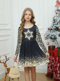 1pc Girls' Elegant Long Sleeve Christmas Dress, Casual Style with Snowflake Print, Knitted Polyester Fabric, Regular Fit for Kids, Spring/Summer/Autumn Collection