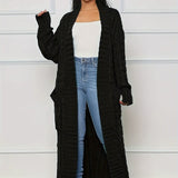 Plus Size Solid Pocket Twist Knit Cardigan, Elegant Long Sleeve Open Front Cardigan, Women's Plus Size Clothing
