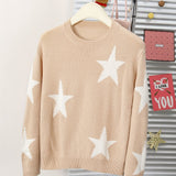 1pc Cozy Stars Pattern Crew Neck Sweater for Girls - Soft Casual Knit Pullover Jumper Top for Winter Fall Season - Girls' Warm and Comfortable Clothing for School Daily Wear