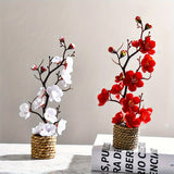 Boho Style Artificial Plum Blossom Swag Set with Woven Vase - Plastic Fake Flower Branches for Simplistic Home Decor - Ideal for Easter, Hanukkah, Thanksgiving - Perfect Mother's Day Gift (1 Set)