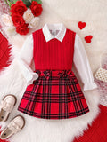 3pcs Girl's Trendy Outfit Set: Sweet Bow Plaid Skirt + Long-Sleeve Solid Shirt + V Neck Knit Vest, Suitable for Spring Fall Daily, Party, Christmas Gift