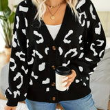Plus Size Leopard Pattern Cardigan, Casual Long Sleeve Buttons Cardigan, Women's Plus Size Clothing