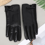 Women's PU Leather Gloves With Fleece Lining, Butterfly Knot Design, Touch Screen Compatible, Five-Fingered Hand Warmer Gloves For Casual Outdoor Use