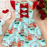 Girls Adorable Bowknot Ferris Wheel Print Flutter Sleeve Dress - Lightweight Summer Casual Outfit for Fun Outdoor Adventures