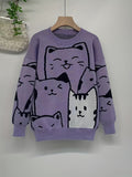 Charming Cat Jacquard Knit - Harajuku Loose Fit Long Sleeve Pullover Jumper - Cozy Trendsetter for Girls Autumn & Winter Wardrobe