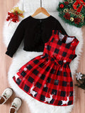 Girls' 2pcs Christmas Outfit Set: Cozy Ruffle-Trim Long Sleeve Cardigan & Festive Reindeer Print Dress with Bow - Machine Washable, Perfect for Outdoor