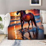 Coastal Horse Print Soft Fleece Blanket - All Seasons, Machine Washable, Animal Theme, Multi-Purpose, Knit Cover, Polyester Material