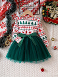 Cute Christmas Splicing Santa Graphic Mesh Tutu Dress for Girls - Flutter Trim, Festive Holiday Outfit, Perfect Gift for Kids, Christmas Party Wear