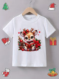 Pink Girls' Casual Cartoon Short Sleeve T-Shirt - "Alphabet Reading Deer" Print, Round Neck, Regular Fit, Polyester, Christmas Themed