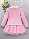 3pcs Knitwear Set For Girls, Lace Collar Knit Cardigan + Mock Neck Pullover + Mesh Skirt, 100% Cotton Comfy Spring/ Fall Clothes