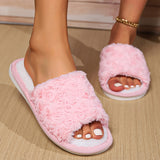 Romantic Rose Design Plush Slippers, Open Toe Soft Sole Flat Winter Shoes, Cozy & Warm Home Slippers For Valentine's Day