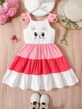 Adorable Cartoon Kitty Girls Summer Dress - Cute Ruffles, Contrast Stitching & Easy-Care Knit Fabric