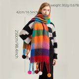 Chunky Rainbow Scarf - Soft Imitation Cashmere, Faux Fur Ball Tassel, Thickened Coldproof, Warm, Long, Plaid Color Block Design, Perfect for Winter Outings and Casual Wear