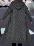 Plus Size Solid Cable Knit Open Front Cardigan, Elegant Pocket Hooded Long Sleeve Long Length Knitted Cardigan, Women's Plus Size Clothing