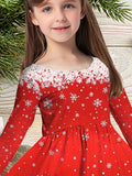 Girls' Festive Christmas Snowflake & Tree Long Sleeve Dress - Casual Fashion for Holiday Parties, Machine Washable