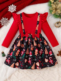 Girls' Festive Christmas Dress with Ruffle Trim & Bow - Snowman, Candy Cane & Tree Print - Perfect for Holiday Parties & Gifts, for Christmas, Autumn