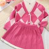 2PCS Elegant Argyle Pattern Long Sleeve Cardigan + Pleated Skirt Set for Girls - Soft Medium Stretch Acrylic Fabric, V-Neck, Regular Fit, Color Block Details - Perfect for Spring and Fall Season Gift