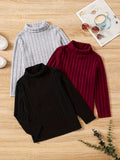 3-Piece Set Girls' Cozy Rib-Knit Long Sleeve Turtle Neck Pullovers - Soft, Versatile, and Casual for Fall & Winter - Solid Colored, Ribbed Cuffs, and Hem for a Comfortable Fit