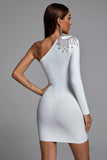 goosudu Vanera One Shoulder Rhinestone Bandage Dress - White