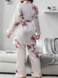 Luxurious Floral Print Satin Lounge Set for Women - Soft, Long Sleeve Robe with Belt, Comfortable Relaxed Fit Pants for Fall and Winter - Elegant, Cozy, and Warm Loungewear for Cold Weather