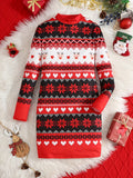 Girls Christmas Style Reindeer & Snowflake Stripe Pattern Mock Neck Long Sleeve Dress, Suitable For Christmas And New Year Outdoor Wear