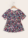 Plus Size Womens Floral Print Tunic Blouse - Soft Slight Stretch Polyester Fabric, Crew Neck, Ruched Short Sleeve, Geometric Pattern, Random Printing, Perfect for Vacation and Summer - Easy to Wear and Care