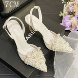 French Pearl Sandals Women Satin White Wedding Elegant Sexy Flower Heels Bridal Shoes Kq8