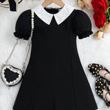 Girls Glamorous Pearl Beaded Collar Dress with Flirty Puff Sleeves - Comfortable Regular Fit, Chic Knee-Length for Stylish Summer Adventures - Timeless Elegance for Little Fashionistas