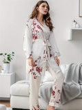 Luxurious Floral Print Satin Lounge Set for Women - Soft, Long Sleeve Robe with Belt, Comfortable Relaxed Fit Pants for Fall and Winter - Elegant, Cozy, and Warm Loungewear for Cold Weather