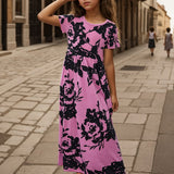 Girls Elegant Flowy Flower Print Dress - Stylish & Comfortable for Summer Holidays - Long, Loose & Short Sleeve