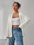 Plus Size Solid Color Hollow Out Knitted Cardigan, Casual Open Front Long Sleeve Cardigan, Women's Plus Size Clothing