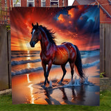 Coastal Horse Print Soft Fleece Blanket - All Seasons, Machine Washable, Animal Theme, Multi-Purpose, Knit Cover, Polyester Material