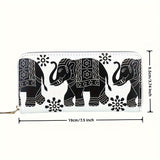 Vintage Elephant Print Long Zipper Wallet, Multifunctional Credit Card Purse For Women