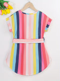 Toddler Girls Vertical Striped Curved Hem Notched Neck Belted Dress For Party Beach Vacation Kids Summer Clothes