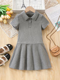 Brief Girls Solid Preppy Short Sleeve Dress - Lapel Collar, Flared Hem, Slight Stretch, Machine Washable, Perfect for Summer School Uniform - Polyester Knit Fabric, Regular Fit, No Belt, No Padding