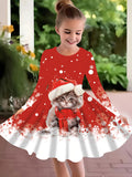 Girls' Festive Christmas Cat Print Long Sleeve Dress - Stretchy Knit Fabric, Machine Washable, Casual Round Neck - Perfect for All Seasons