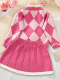 2PCS Elegant Argyle Pattern Long Sleeve Cardigan + Pleated Skirt Set for Girls - Soft Medium Stretch Acrylic Fabric, V-Neck, Regular Fit, Color Block Details - Perfect for Spring and Fall Season Gift