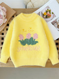 Girls Knit Sweater 'Girl & Snowflake' Pattern Embroidery Pullover Top Round Neck Knitwear For Fall Winter