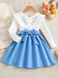 Elegant Floral Princess Dress for Girls - Chic Ruffled Design with Belt, Long Sleeves, All-Season Polyester Wear