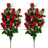 2pcs, Artificial Cemetery Flowers Bouquet With 2 Red Fake Roses For Cemetery Decoration, Outdoor Tomb Arrangement, Silk Funeral Flowers For Cemetery Vases.