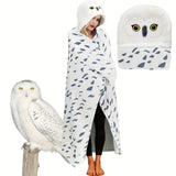 Cozy Snowy Owl Hooded Blanket Cloak with Gloves - Super Soft Flannel Wearable Throw for Adults, Perfect Gift for Men & Women