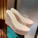 Women's Summer Wear  High Heels Fashion Thick Sole Transparent Platform Slippers Kq8