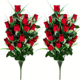 2pcs, Artificial Cemetery Flowers Bouquet With 2 Red Fake Roses For Cemetery Decoration, Outdoor Tomb Arrangement, Silk Funeral Flowers For Cemetery Vases.