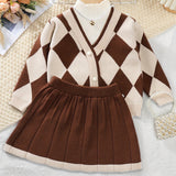 2PCS Elegant Argyle Pattern Long Sleeve Cardigan + Pleated Skirt Set for Girls - Soft Medium Stretch Acrylic Fabric, V-Neck, Regular Fit, Color Block Details - Perfect for Spring and Fall Season Gift