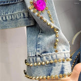 Women's Jackets Spring Women Fashion Rivet Diamonds Short Denim Jacket Loose Streetwear Casual Lapel Long Sleeve Jeans Coat Female